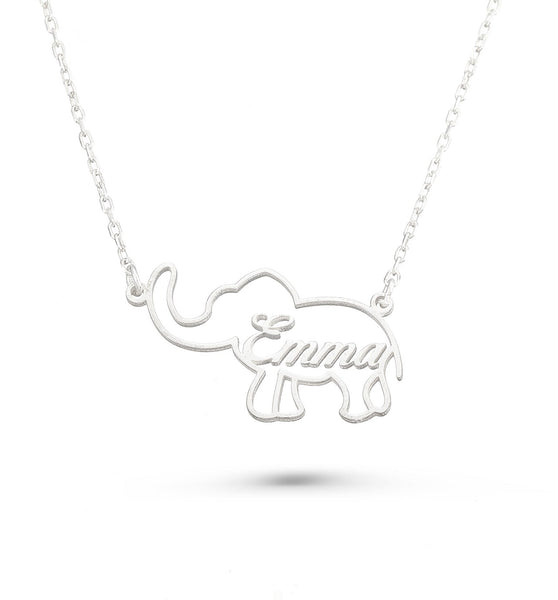 Custom Elephant Motif Name Necklace in Silver